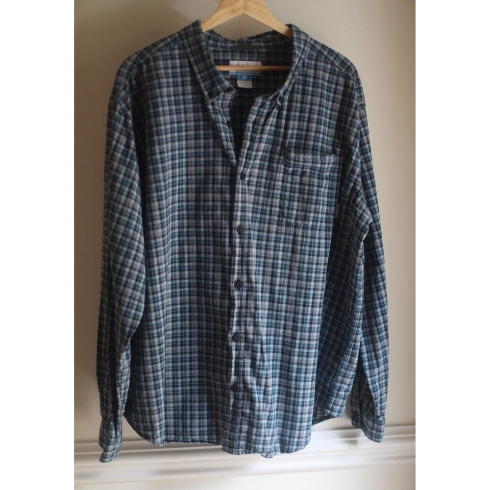 Columbia Sportswear Men's XXL Blue Gray Plaid Long Sleeve Button-Up Shirt‎